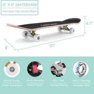 Alternative view of Caroma 31" Skill Skateboard Double Kick Skateboard Cruiser Longboard 9 Layers Solid Maple Deck Complete Skateboards for Teens an
